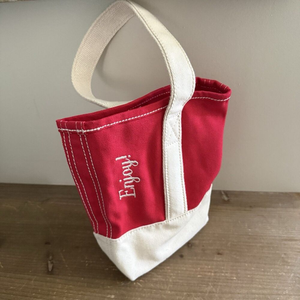 Classic Lands End Beige & Red Canvas Double Wine Bottle Tote Caddy